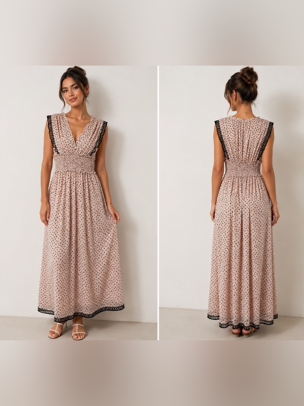 Max Studio Blush Polka Dot Maxi Dress with Black Trim - Picture 1 of 7